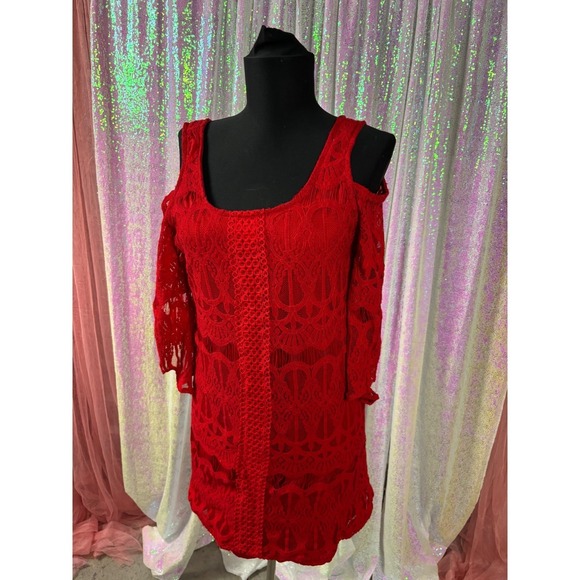 Blue Rain Dresses & Skirts - Blue Rain Red Lace Cold Shoulder Mini Dress Small 26n907es3i Crochet Detail